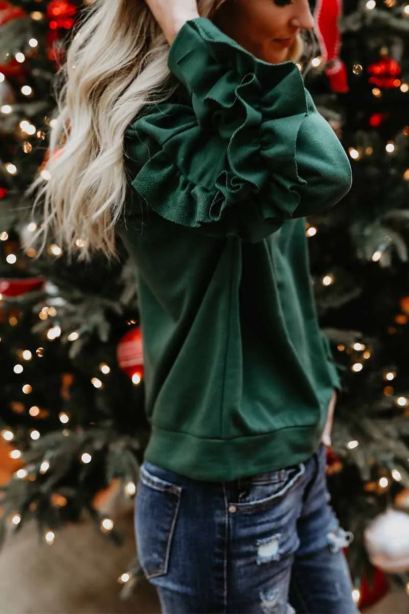 Loose Round Neck Ruffled Long Sleeves Tops