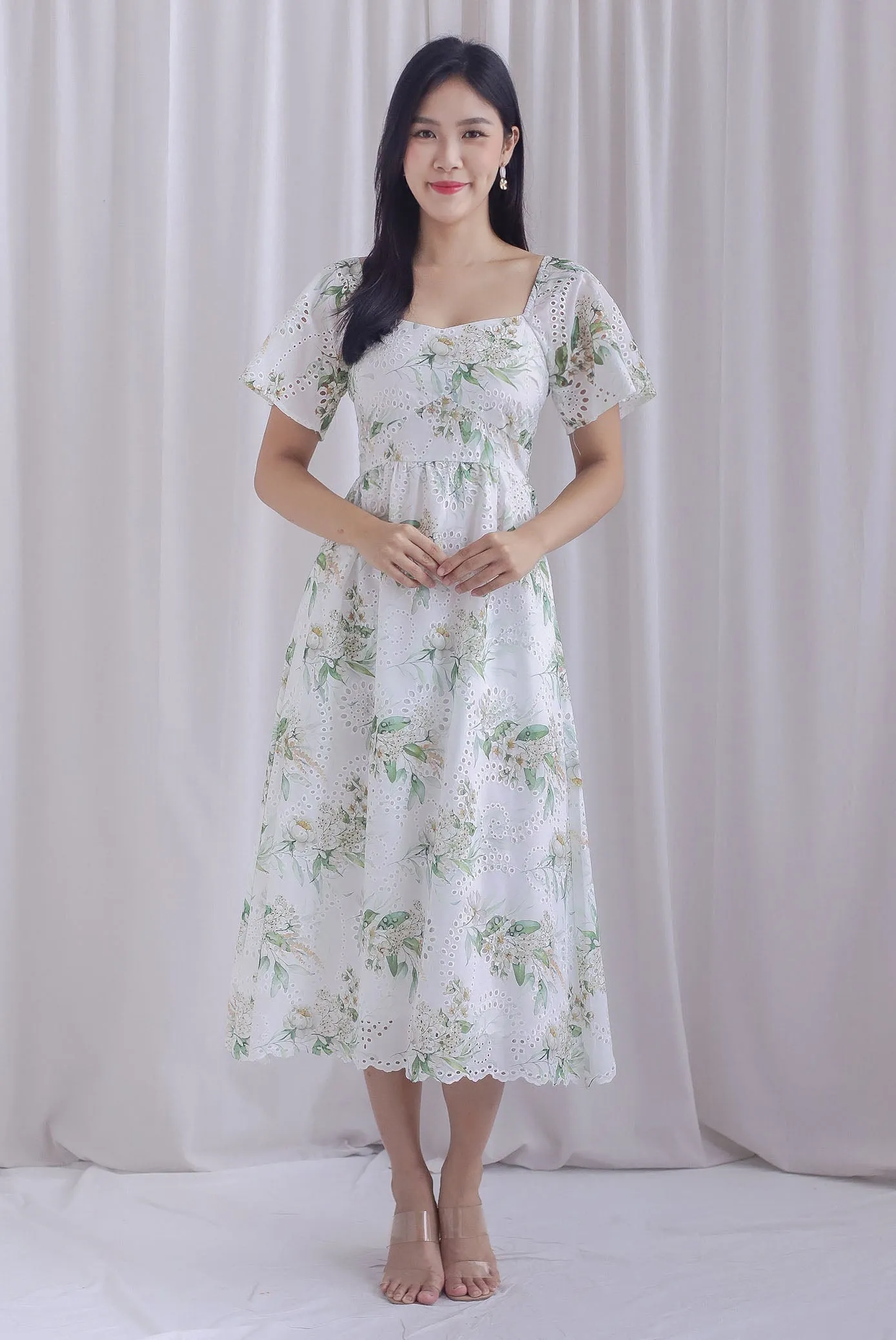 Madeleine Floral Print Eyelet Sleeved Dress In Green