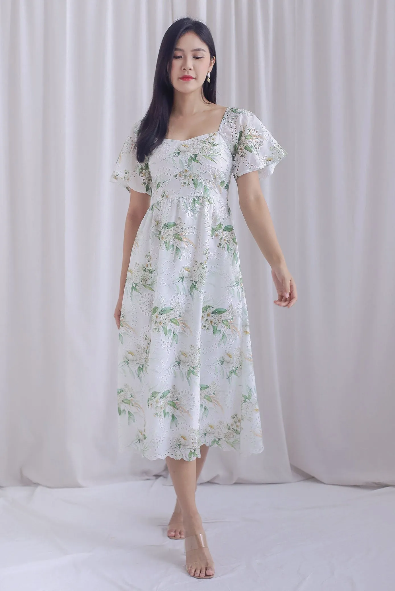 Madeleine Floral Print Eyelet Sleeved Dress In Green