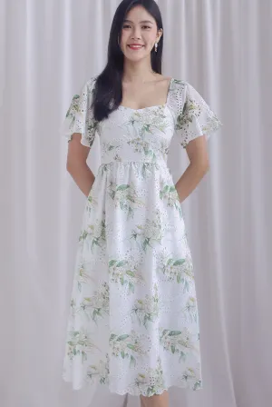 Madeleine Floral Print Eyelet Sleeved Dress In Green