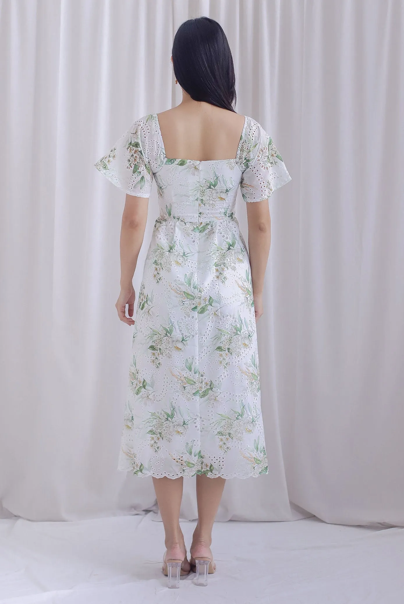 Madeleine Floral Print Eyelet Sleeved Dress In Green