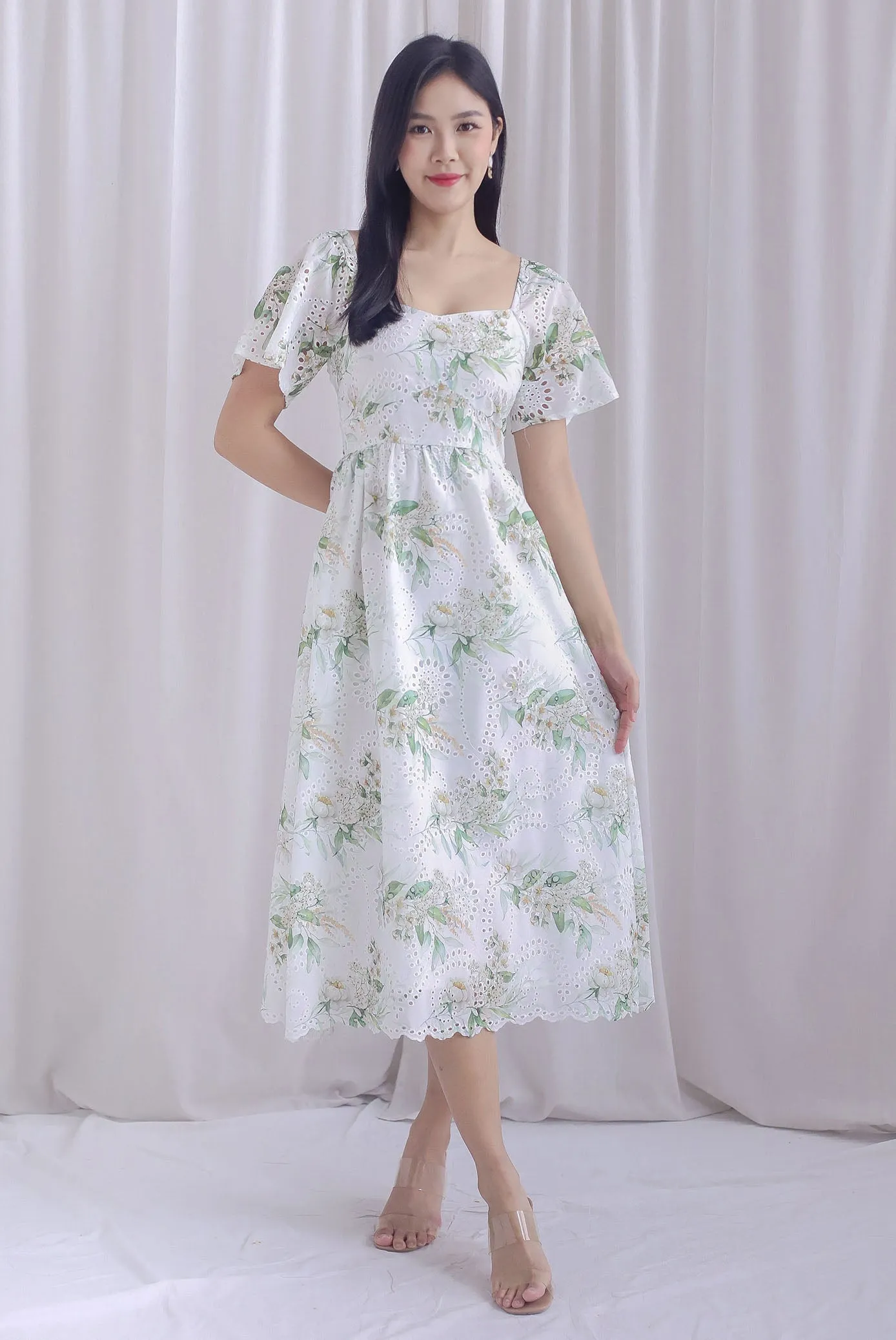 Madeleine Floral Print Eyelet Sleeved Dress In Green