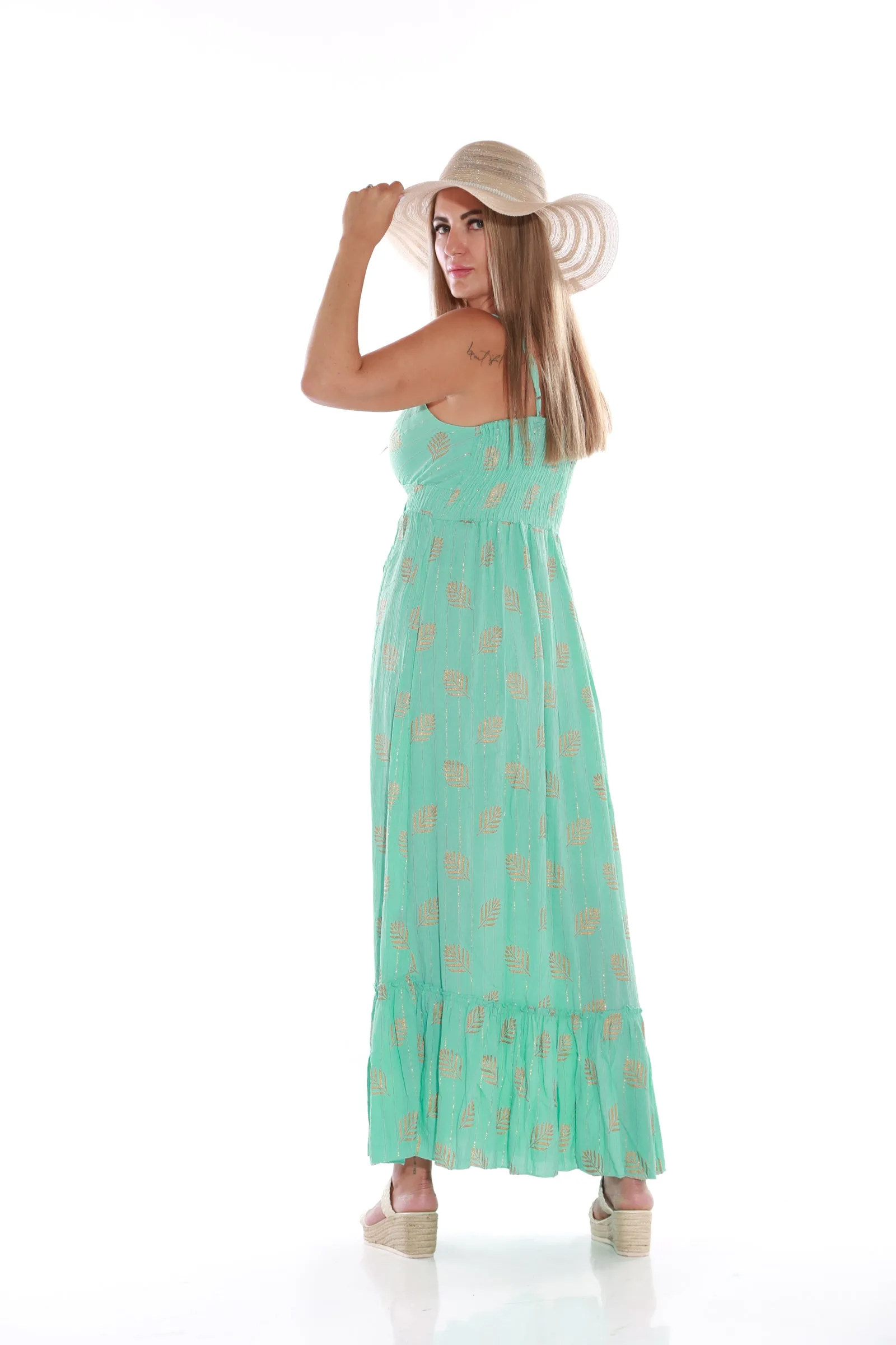 Maxi Spaghetti dress with gold Lurex - Turquoise