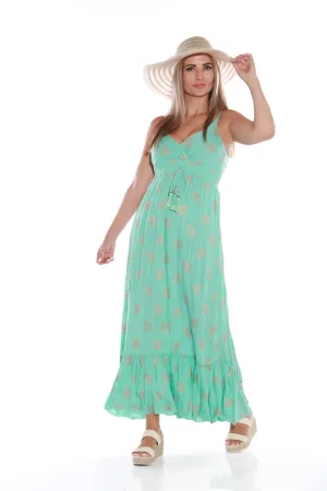 Maxi Spaghetti dress with gold Lurex - Turquoise