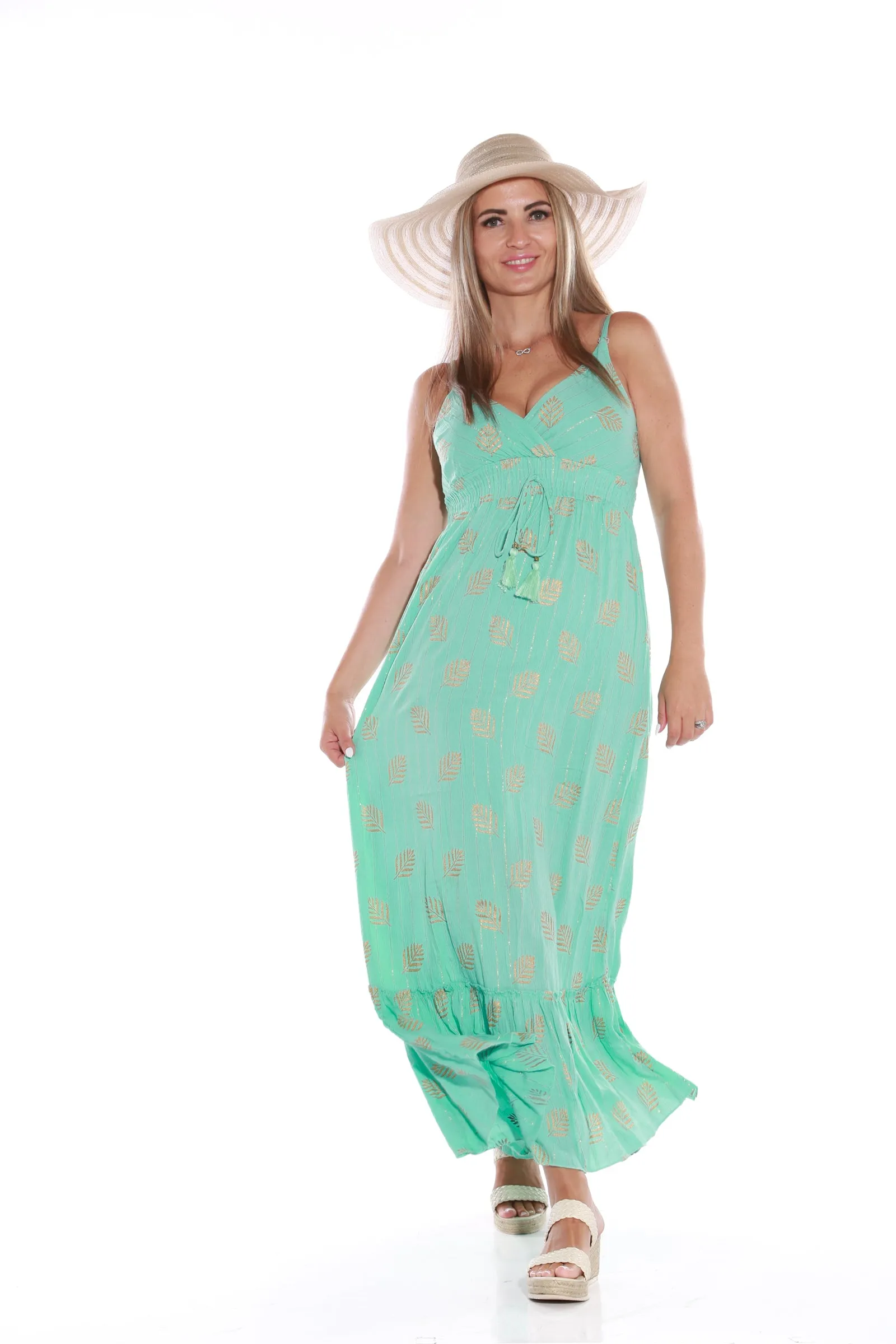 Maxi Spaghetti dress with gold Lurex - Turquoise