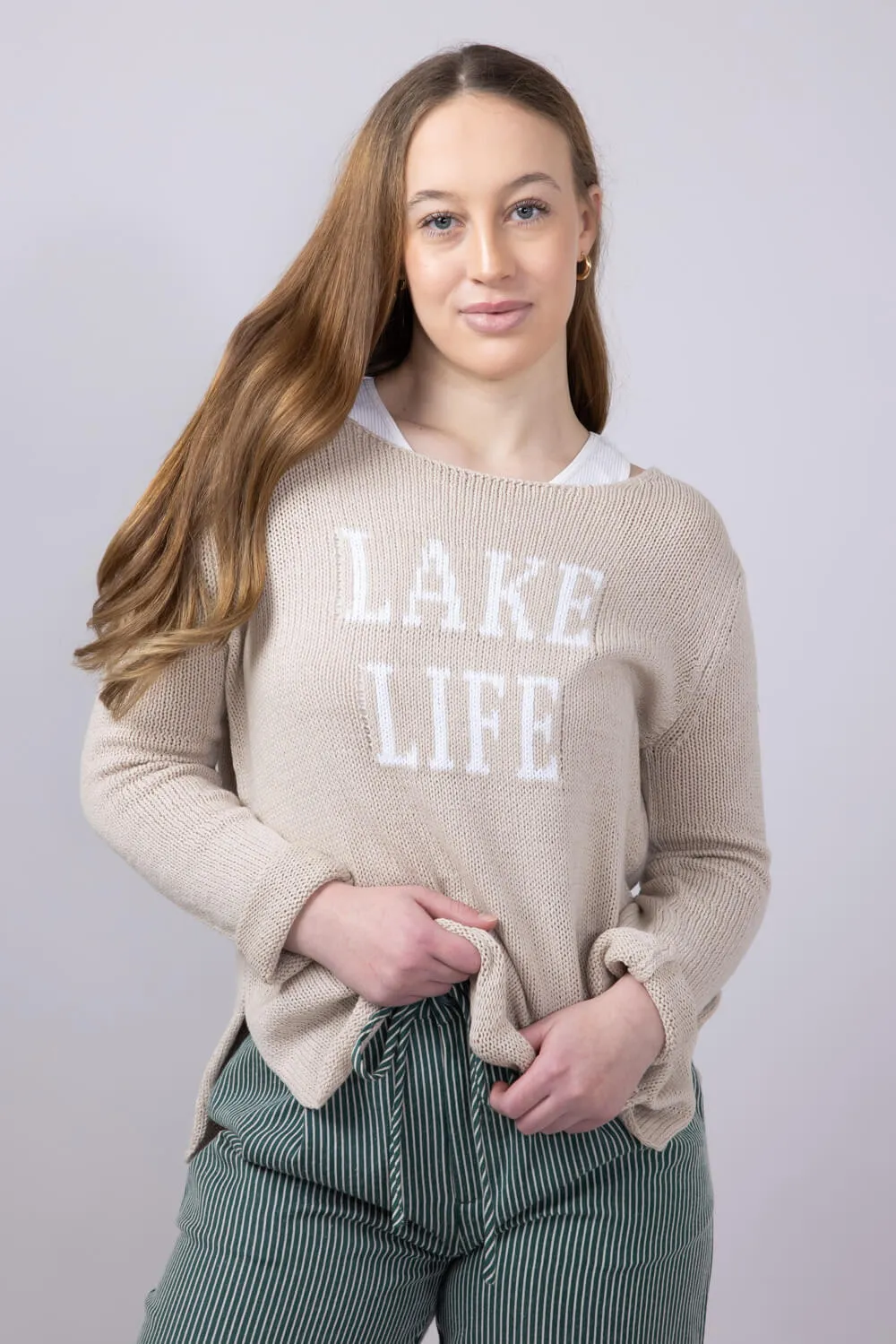 Miracle Lake Life Lightweight Sweater for Women in Khaki/Ivory | F139-KHAKIIVORY