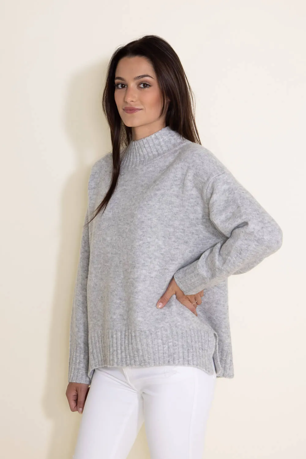 Miracle Mock Neck High Low Sweater for Women in Grey | W2333-SILVER