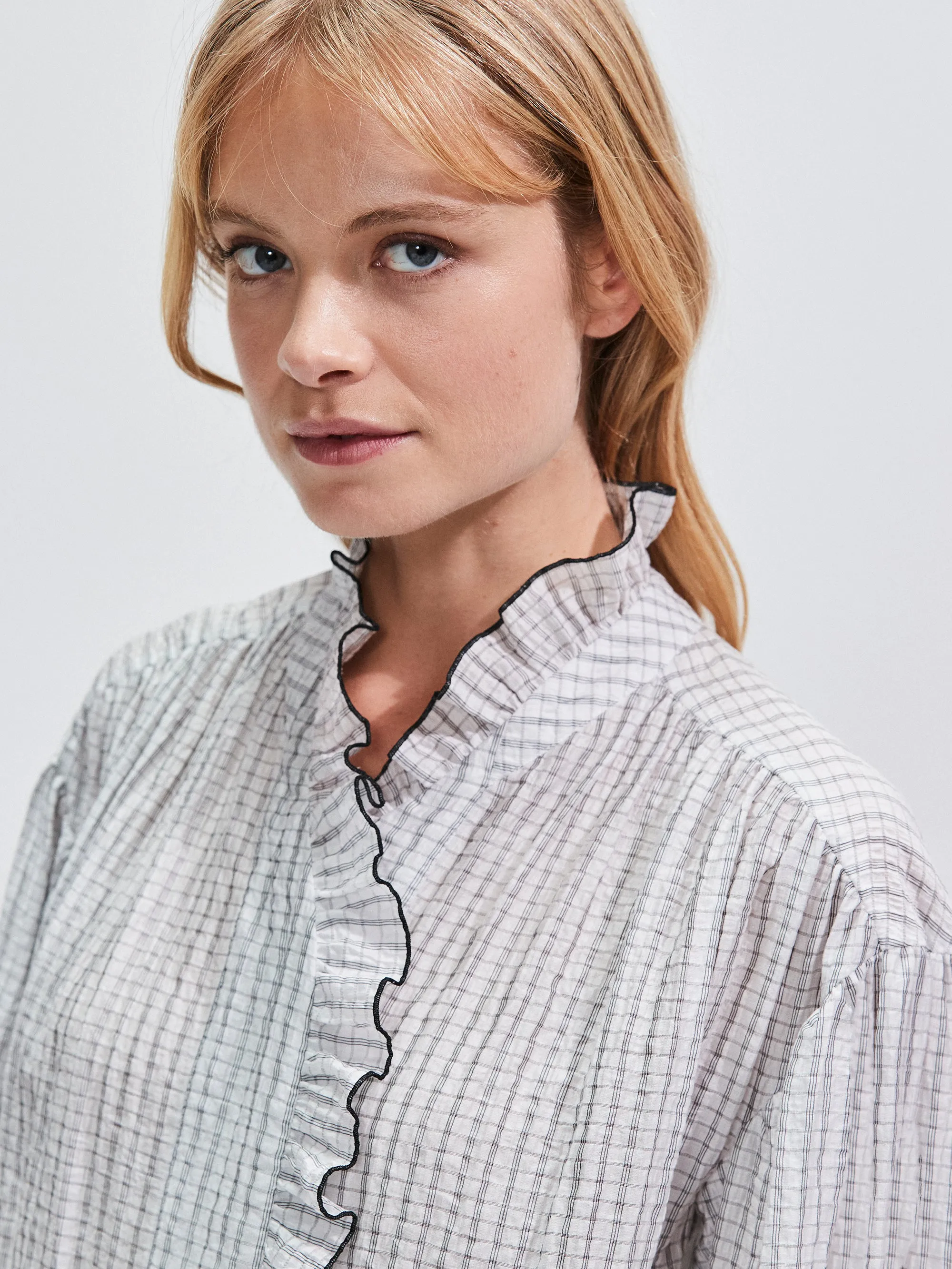Mono Check Frill-Detail Blouse