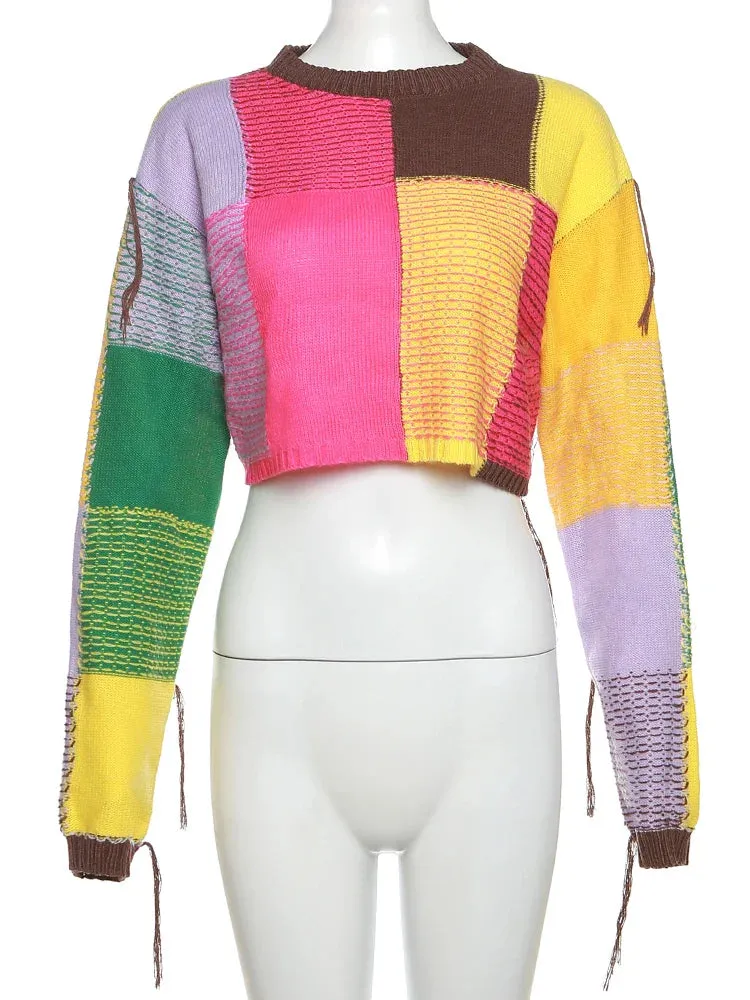 Multi-Color Cropped O-Neck Sweater: Streetwear Casual Style for Autumn/Winter