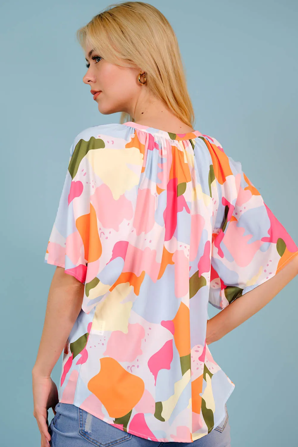 Multicolored Printed Notched Neck Half Sleeve Blouse