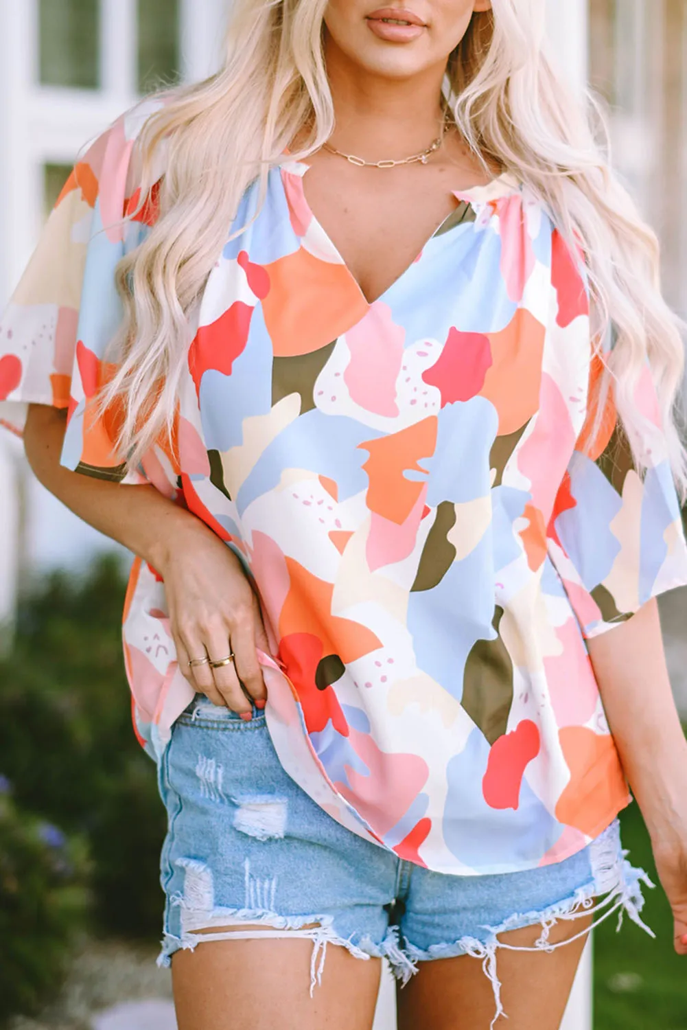 Multicolored Printed Notched Neck Half Sleeve Blouse