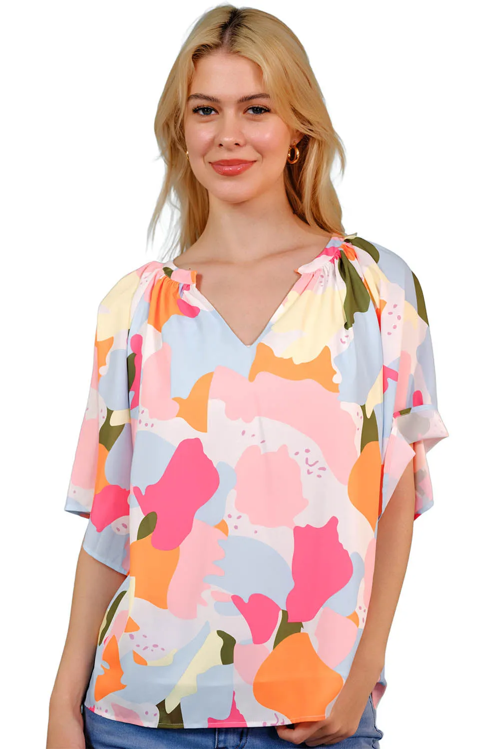 Multicolored Printed Notched Neck Half Sleeve Blouse