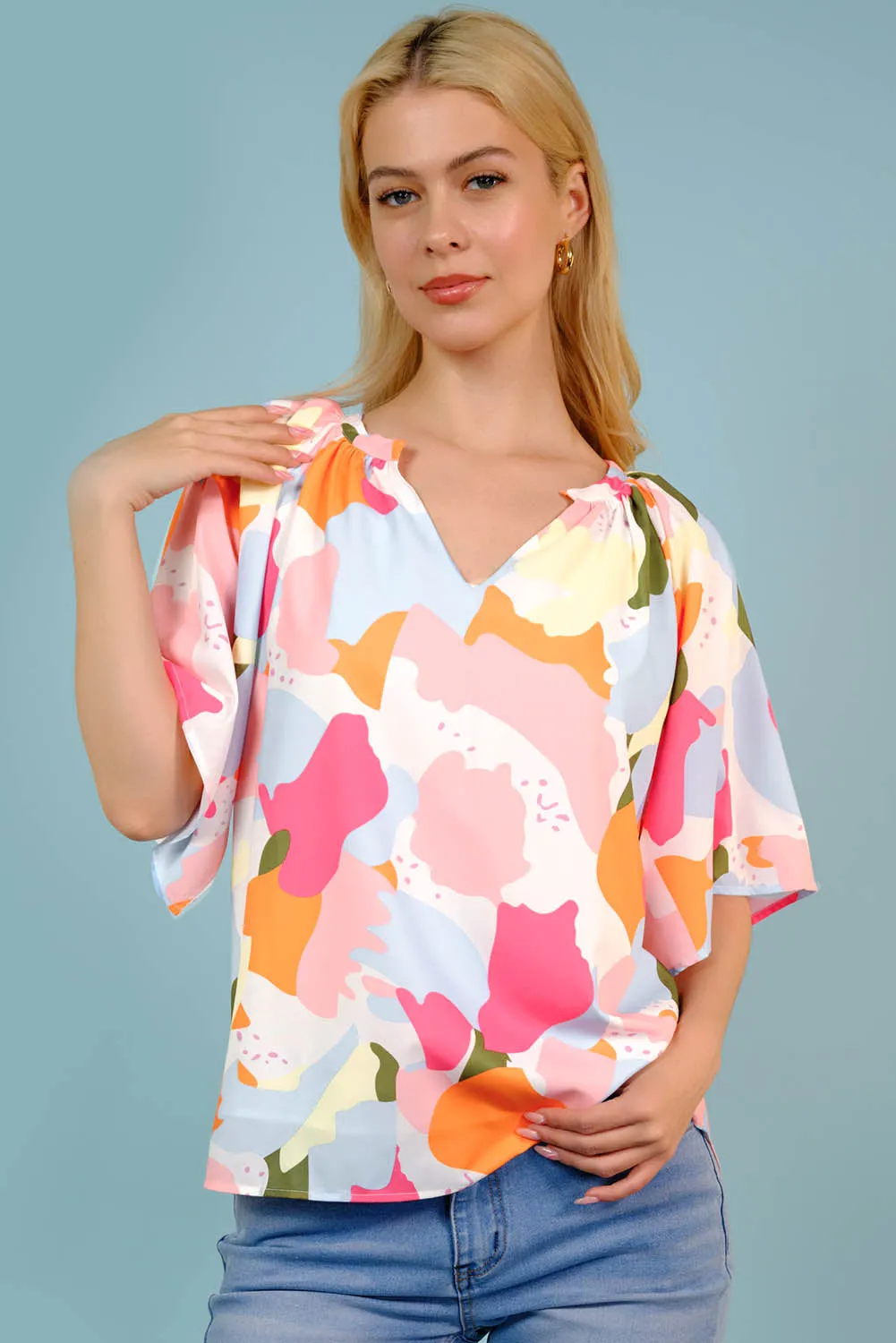 Multicolored Printed Notched Neck Half Sleeve Blouse