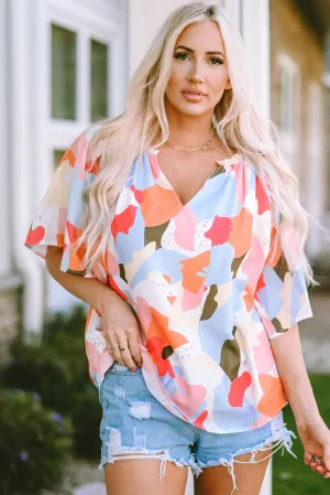 Multicolored Printed Notched Neck Half Sleeve Blouse