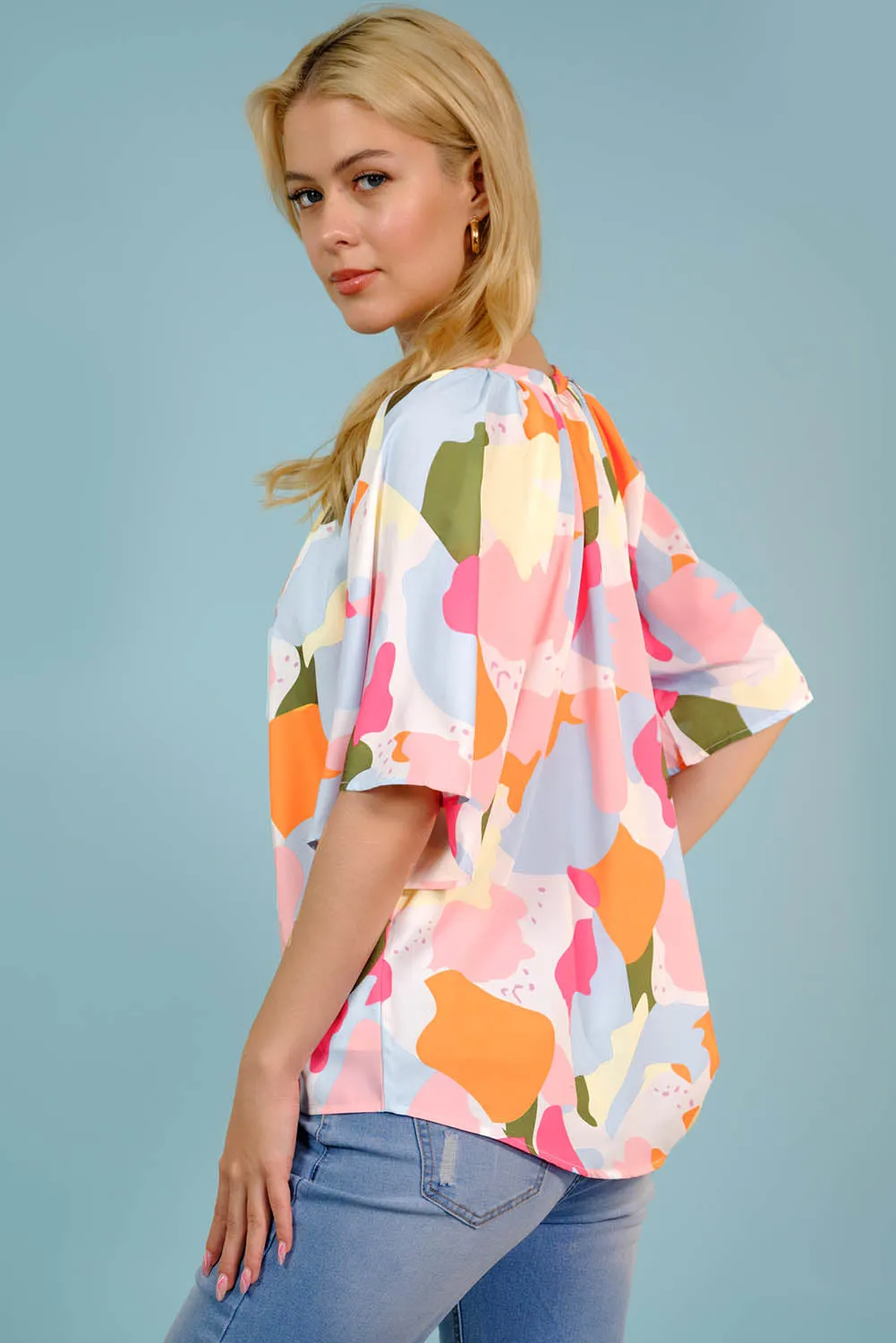 Multicolored Printed Notched Neck Half Sleeve Blouse