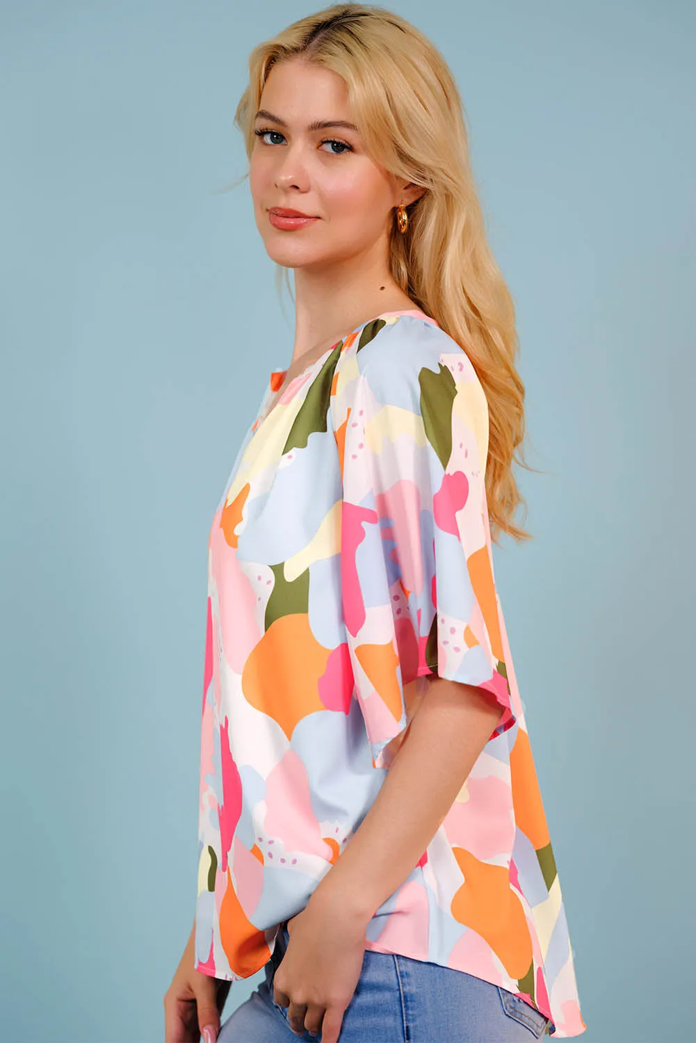 Multicolored Printed Notched Neck Half Sleeve Blouse