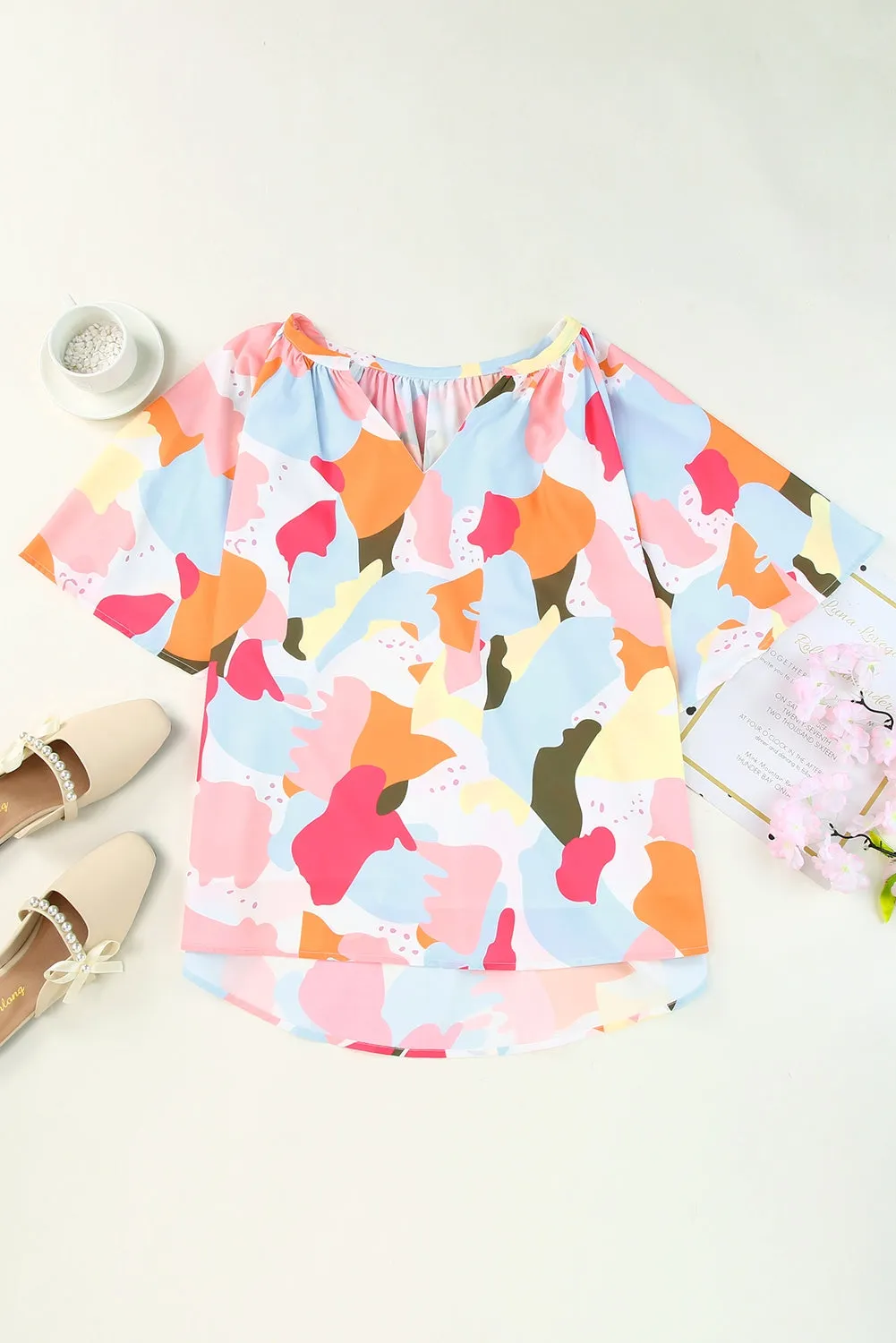 Multicolored Printed Notched Neck Half Sleeve Blouse