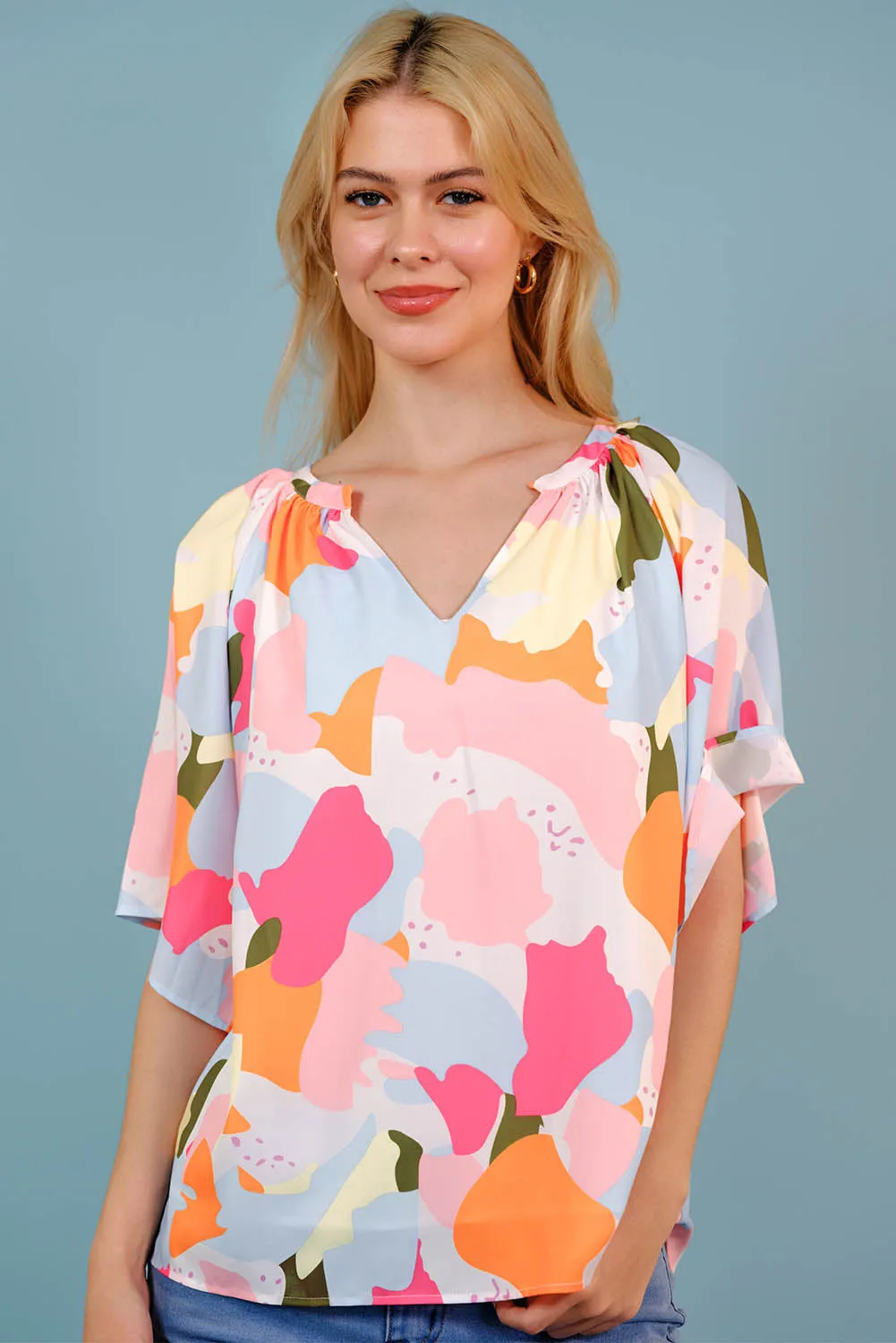 Multicolored Printed Notched Neck Half Sleeve Blouse