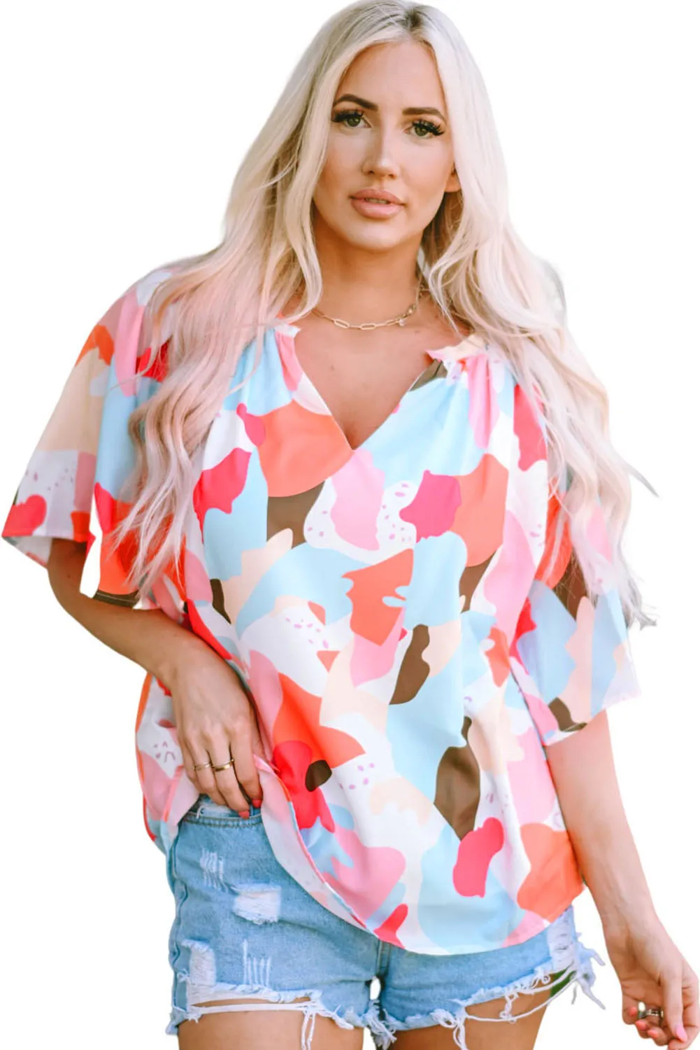 Multicolored Printed Notched Neck Half Sleeve Blouse
