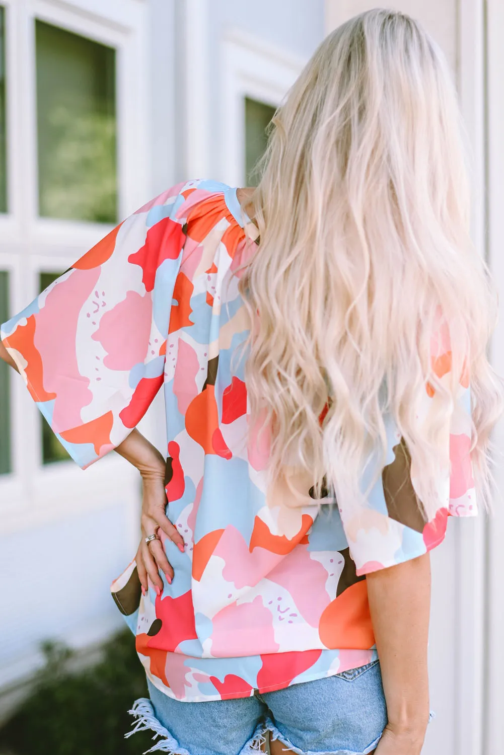 Multicolored Printed Notched Neck Half Sleeve Blouse