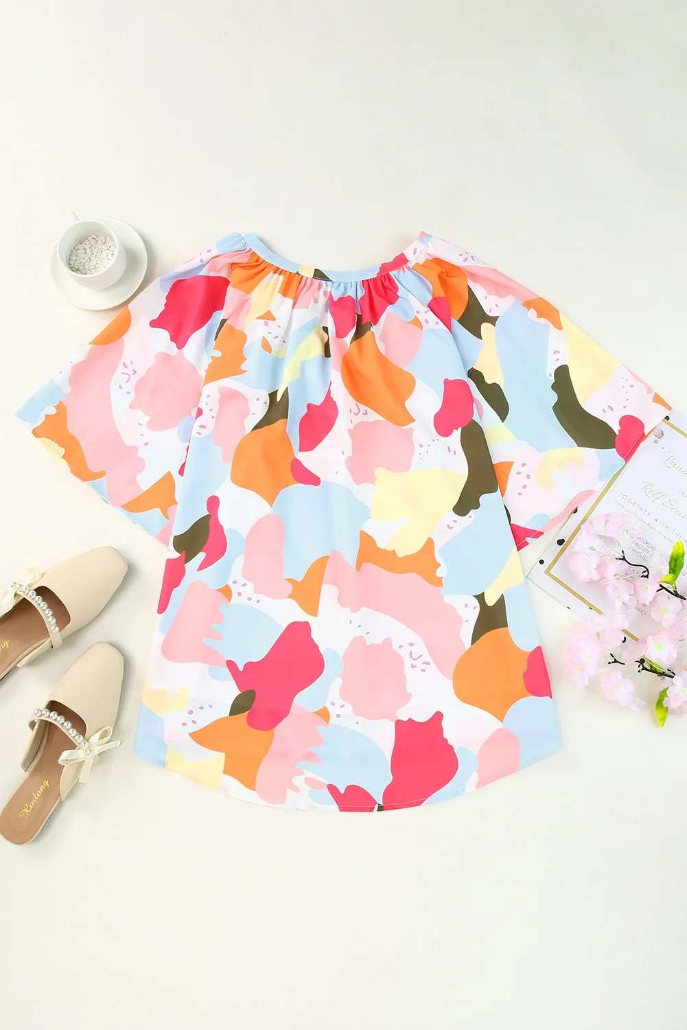 Multicolored Printed Notched Neck Half Sleeve Blouse