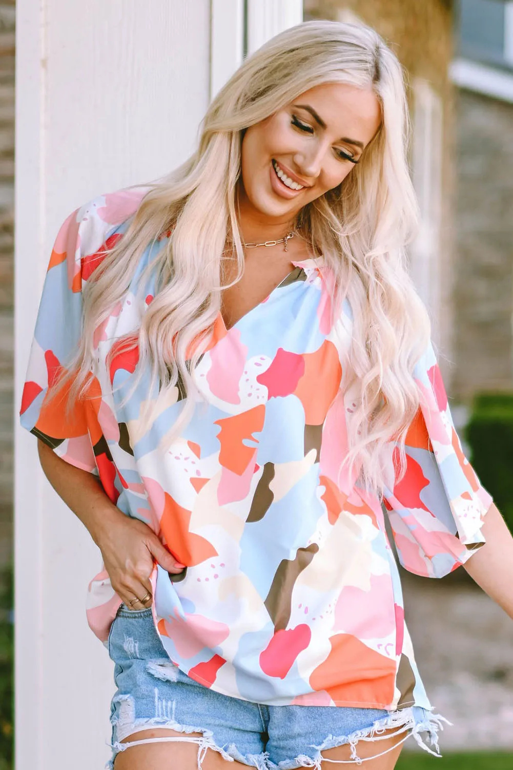 Multicolored Printed Notched Neck Half Sleeve Blouse
