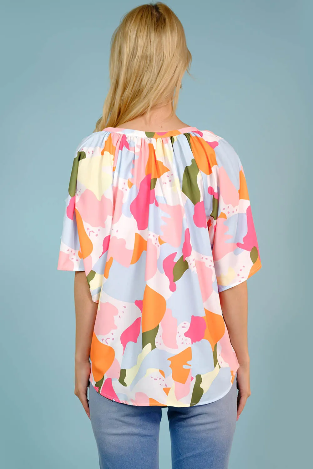 Multicolored Printed Notched Neck Half Sleeve Blouse