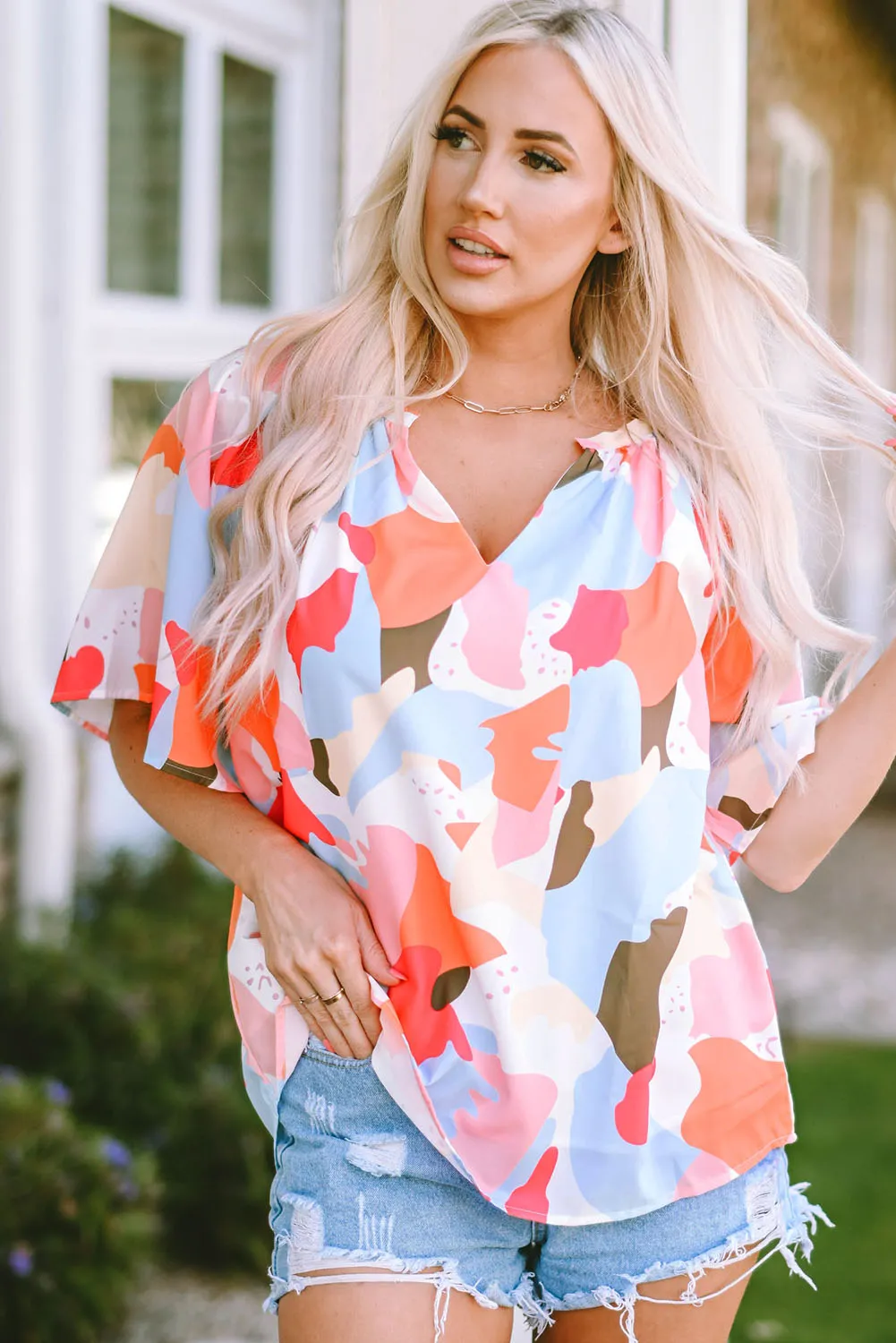 Multicolored Printed Notched Neck Half Sleeve Blouse