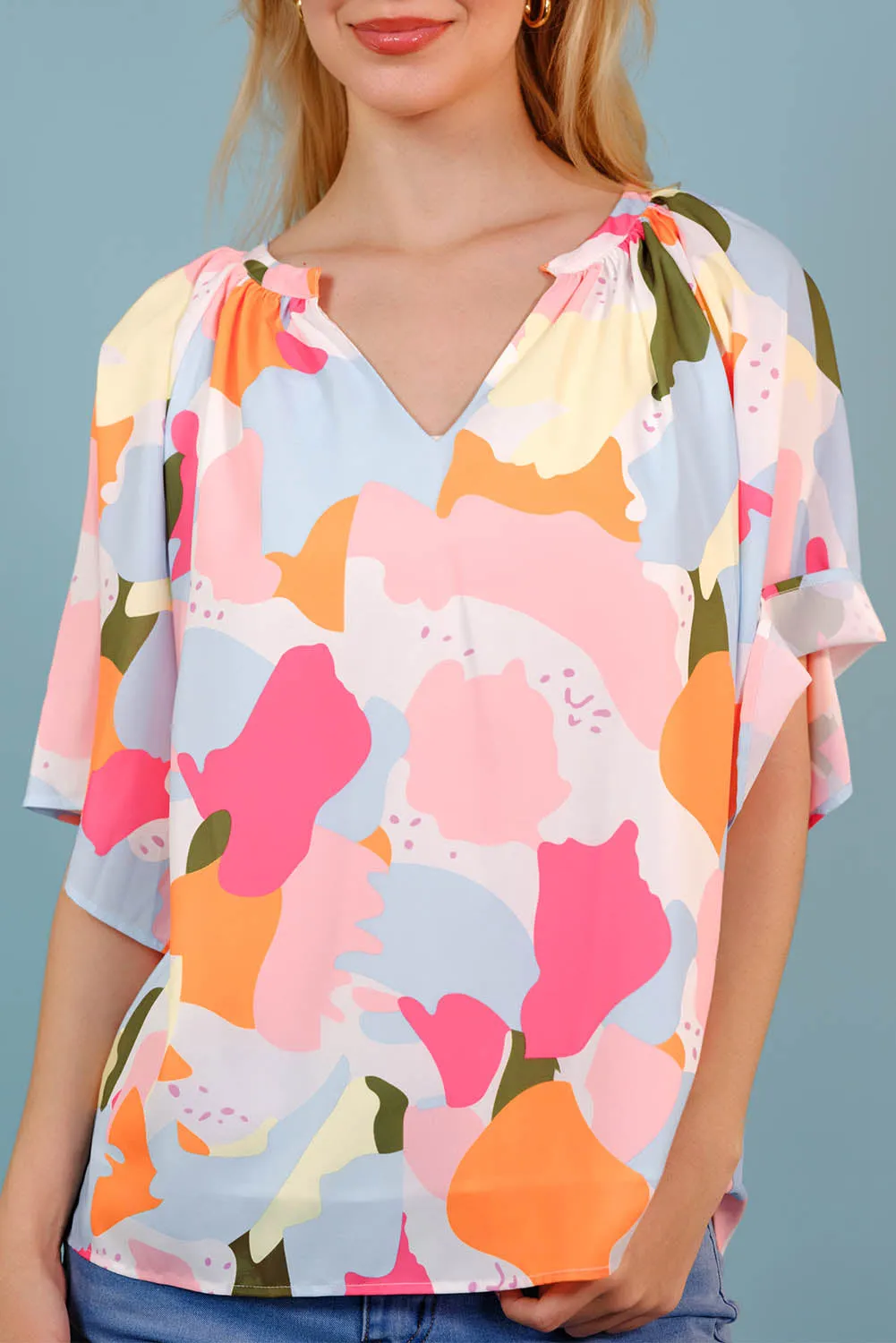 Multicolored Printed Notched Neck Half Sleeve Blouse