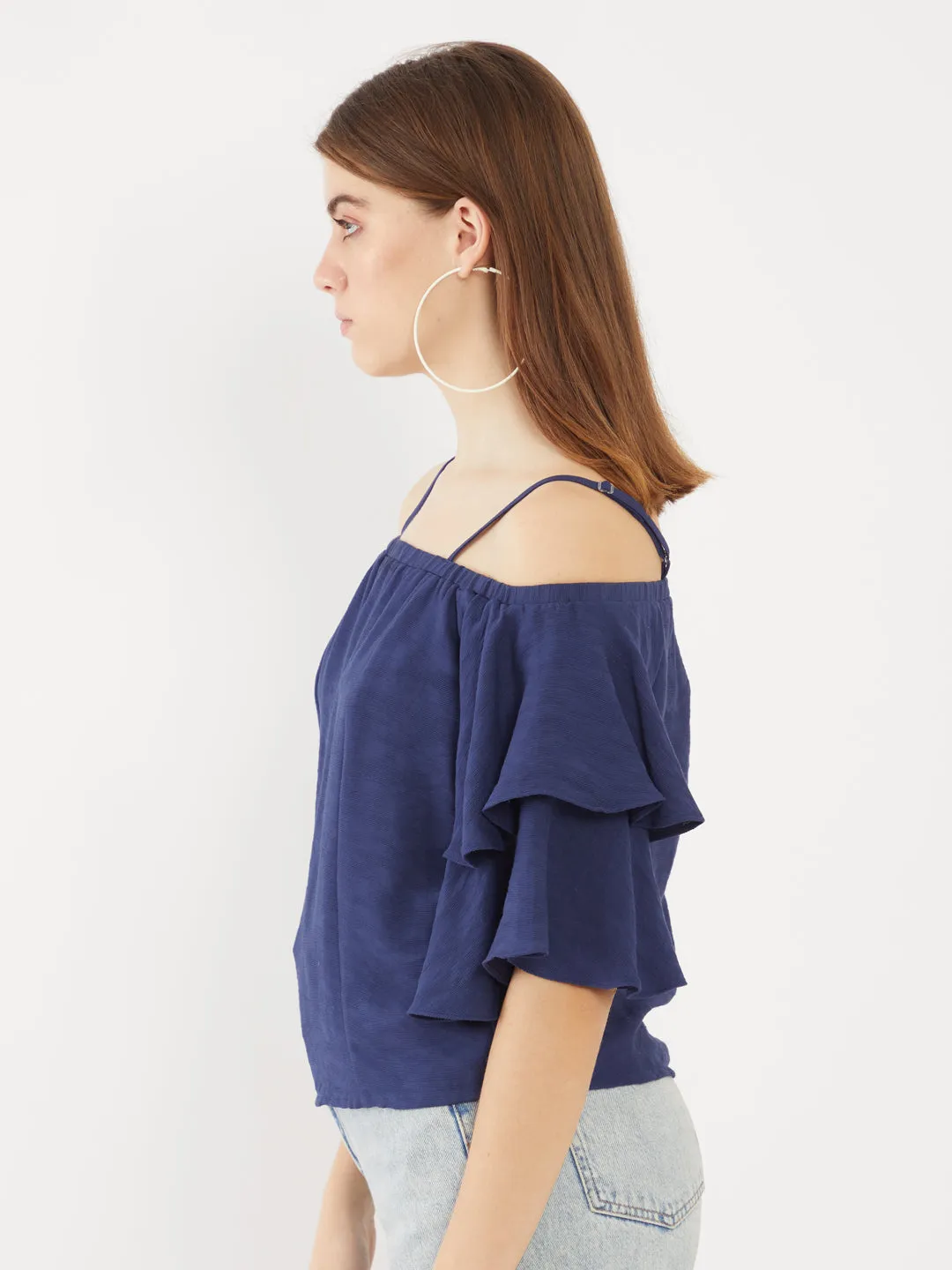 Navy Solid Ruffled Top