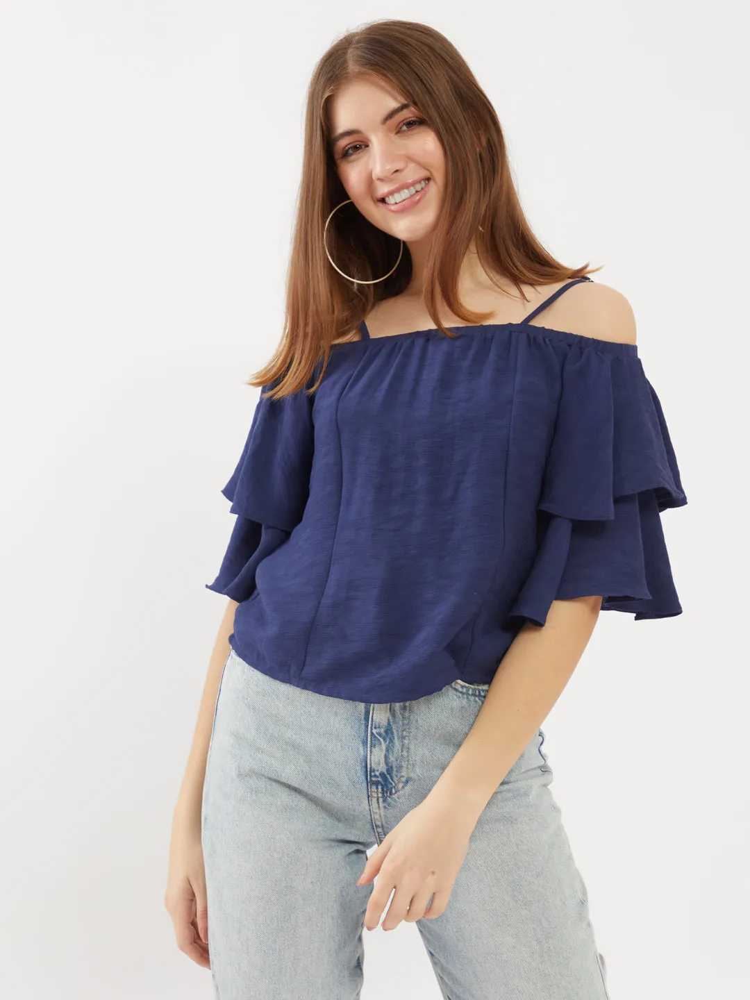 Navy Solid Ruffled Top