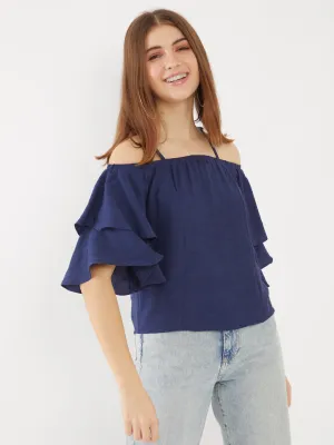 Navy Solid Ruffled Top