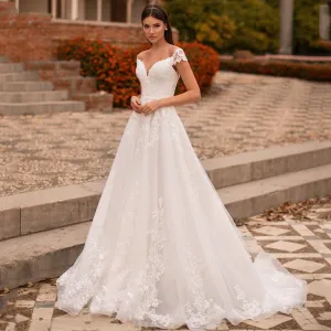 Off Shoulder Sexy V Neck Applqiue Lace A-Line Tulle Wedding Dress Vestido De Noiva Bridal Gowns