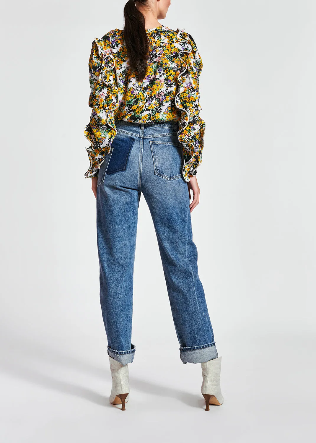 Off-white ruffled floral-print top