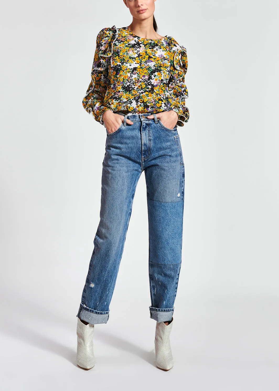 Off-white ruffled floral-print top