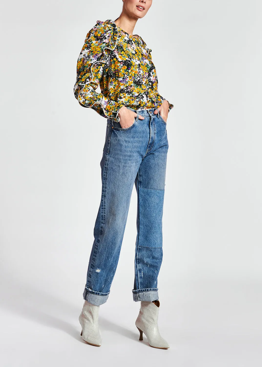Off-white ruffled floral-print top