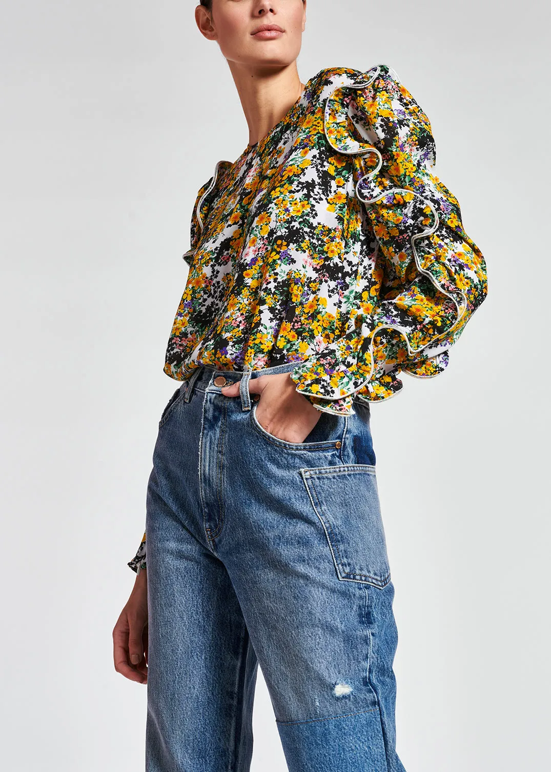 Off-white ruffled floral-print top