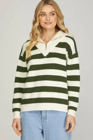 Olive Half Zip Mock Neck Striped Sweater