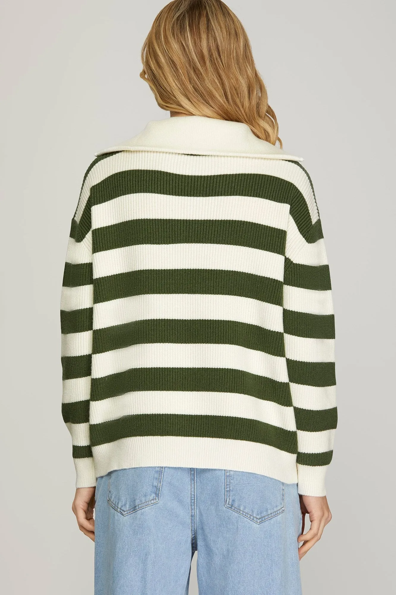 Olive Half Zip Mock Neck Striped Sweater