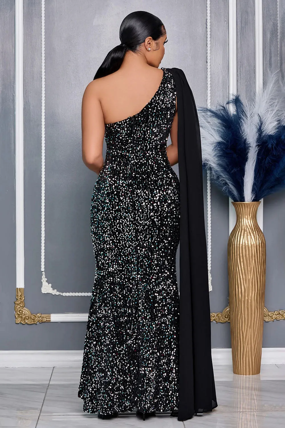 One Shoulder Cape Sequin Slim-Fit Party Maxi Dresses-Black [Pre Order]