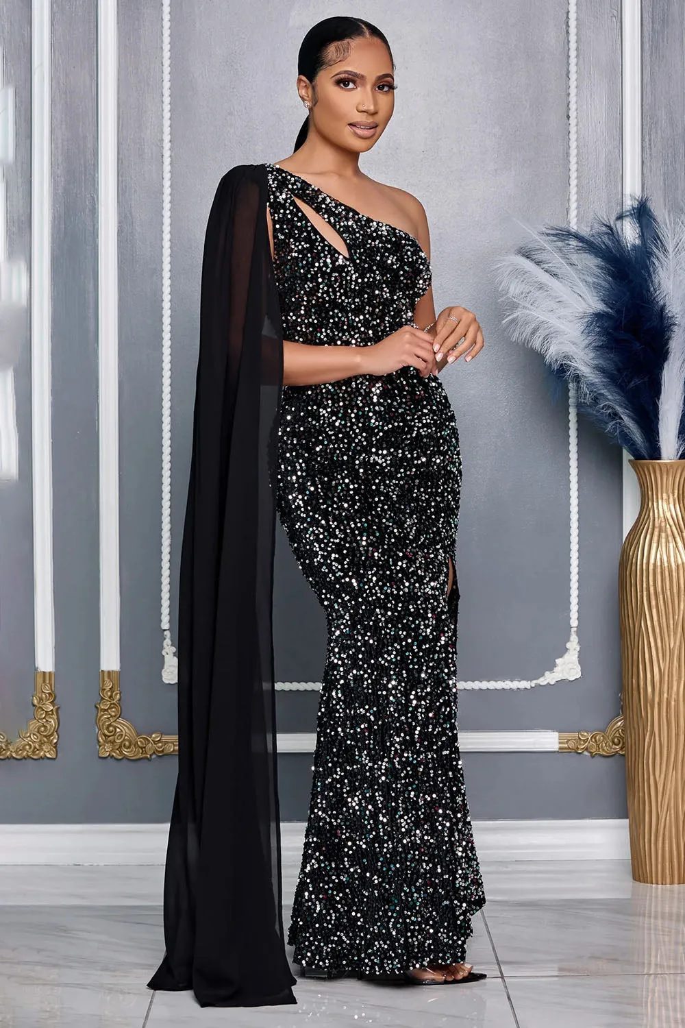 One Shoulder Cape Sequin Slim-Fit Party Maxi Dresses-Black [Pre Order]