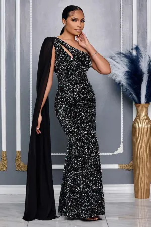One Shoulder Cape Sequin Slim-Fit Party Maxi Dresses-Black [Pre Order]