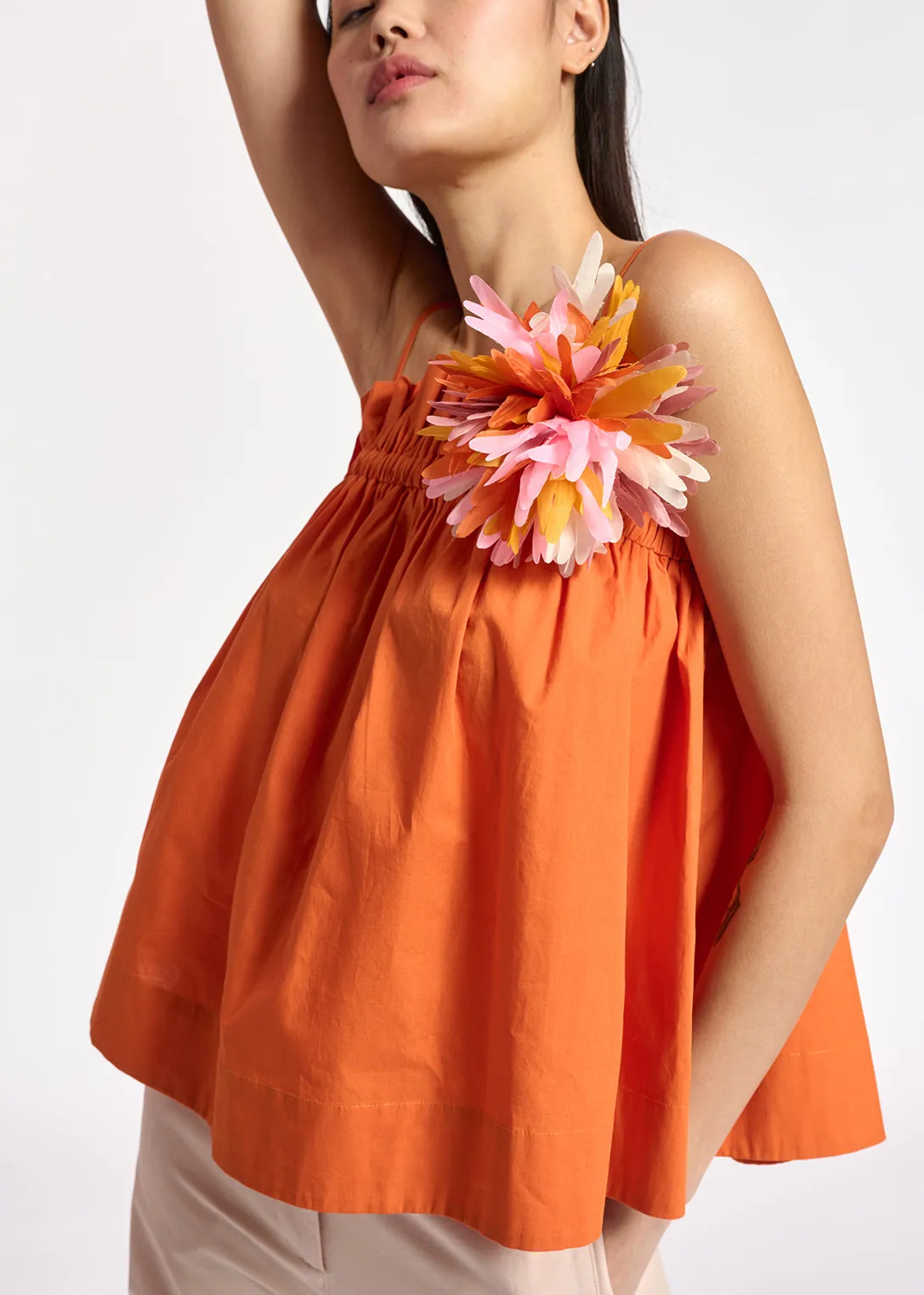 Orange cotton-poplin ruffled camisole