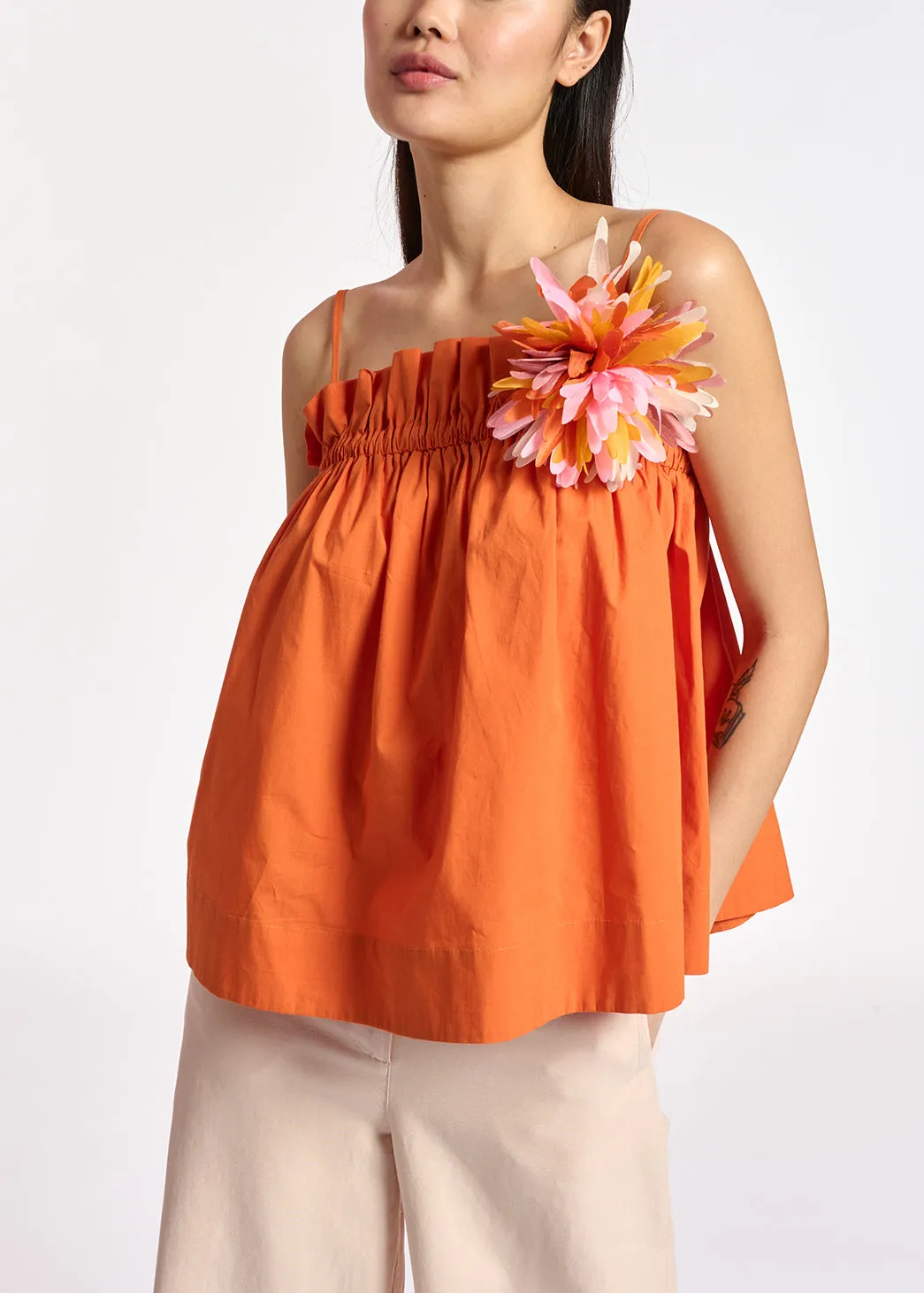 Orange cotton-poplin ruffled camisole