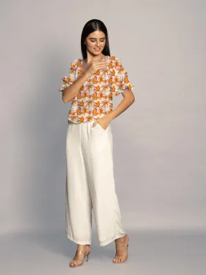 Peach Floral Print Ruffled Sleeves Top