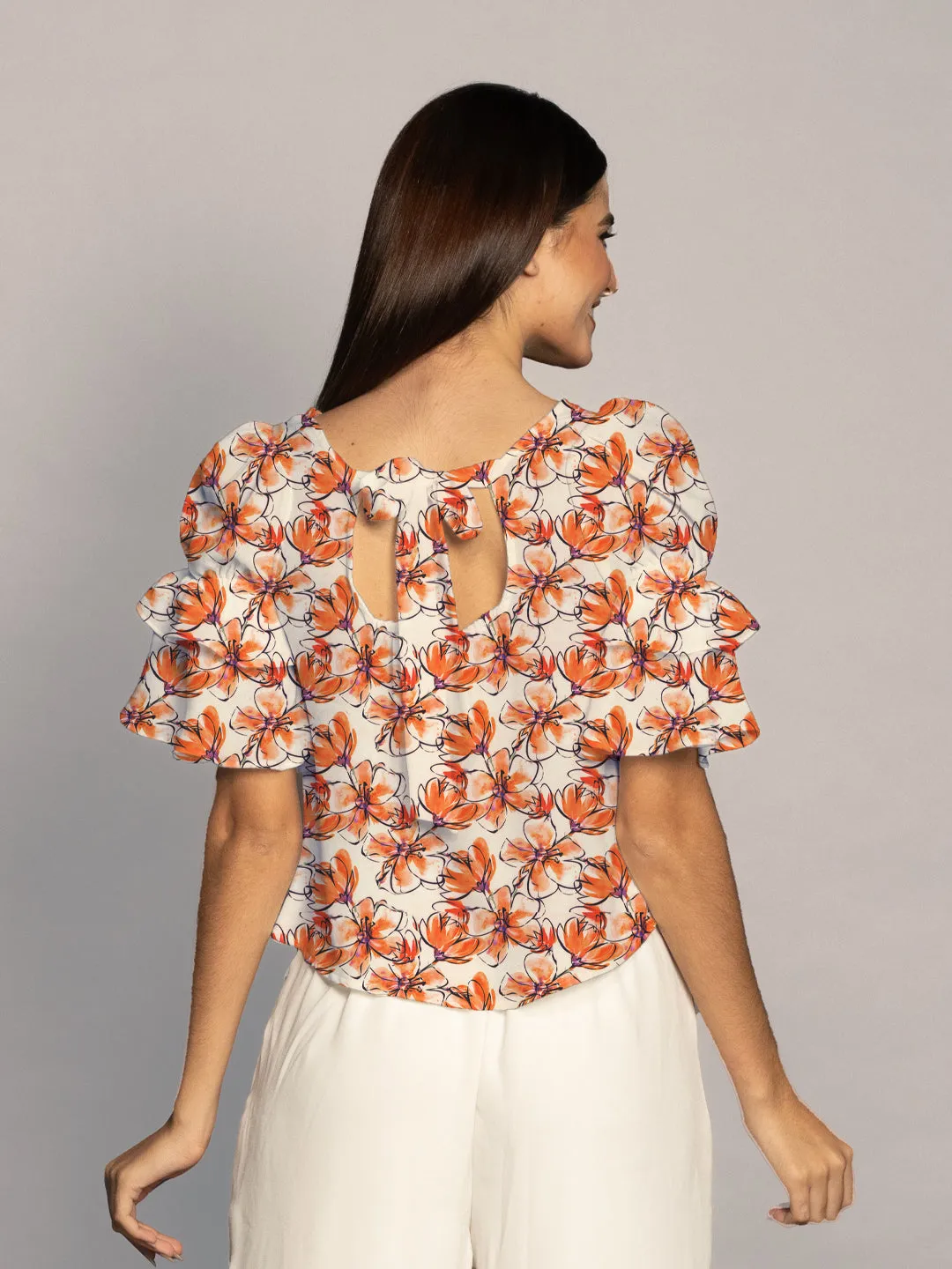 Peach Floral Print Ruffled Sleeves Top