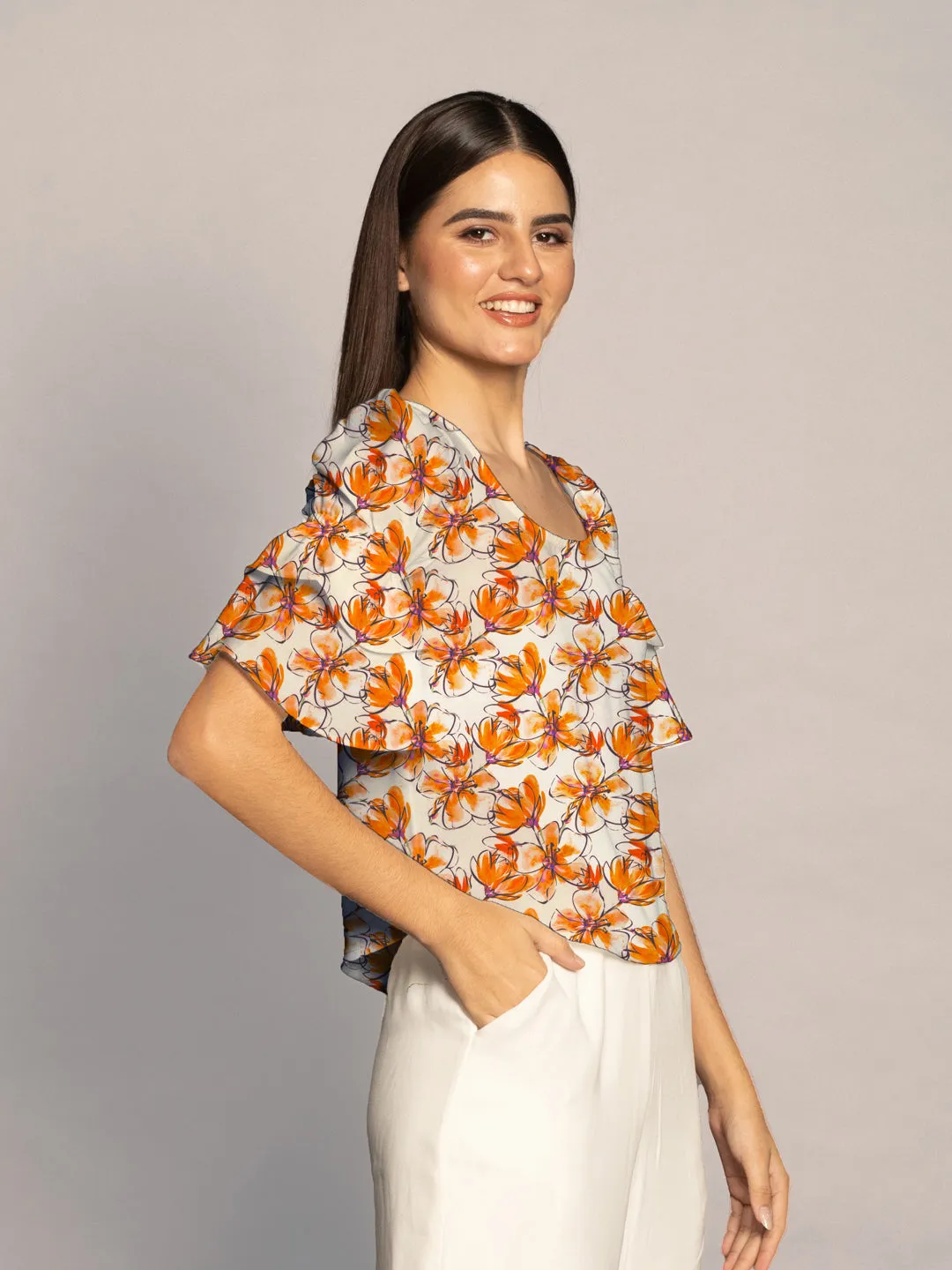 Peach Floral Print Ruffled Sleeves Top