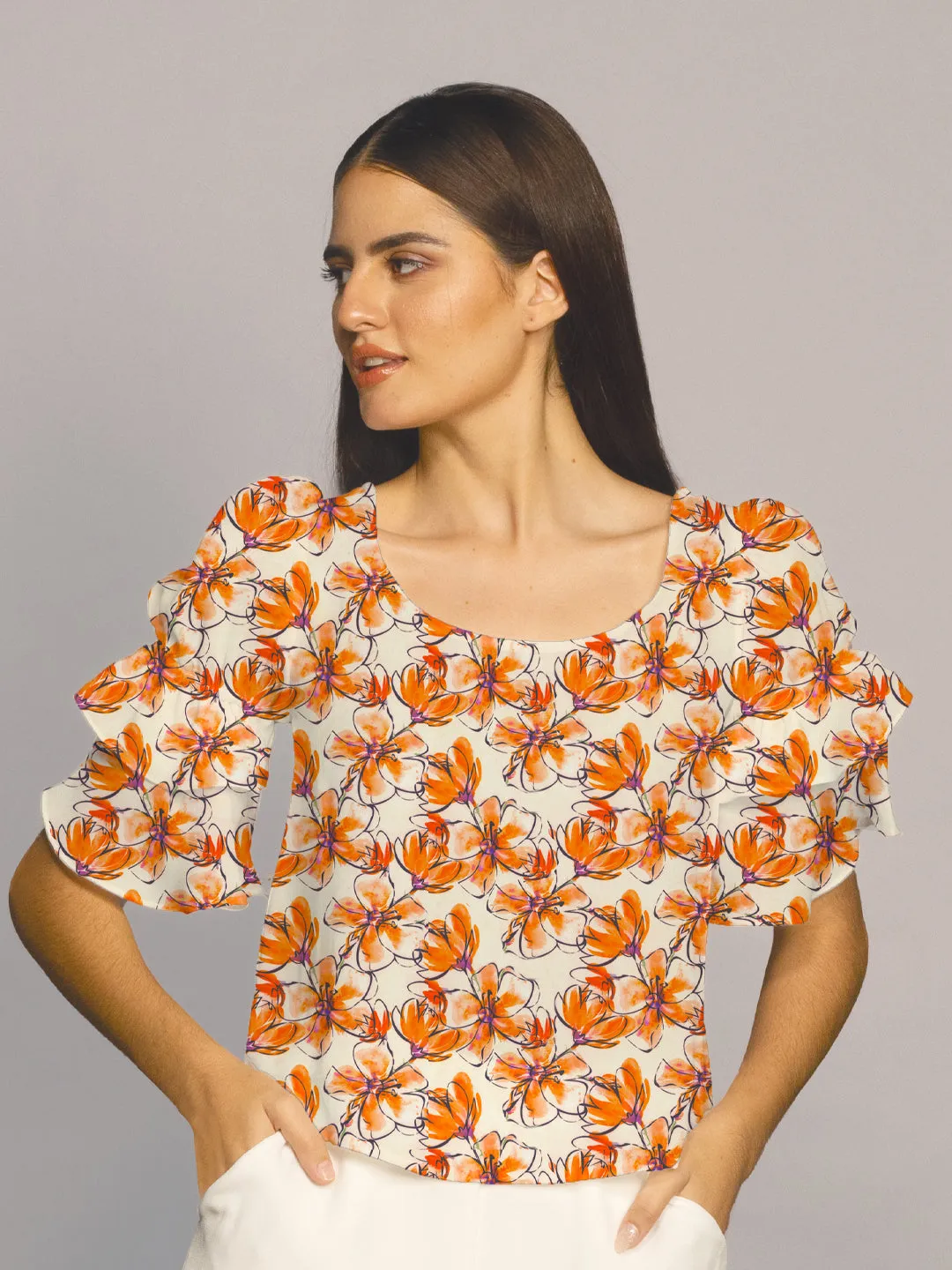 Peach Floral Print Ruffled Sleeves Top