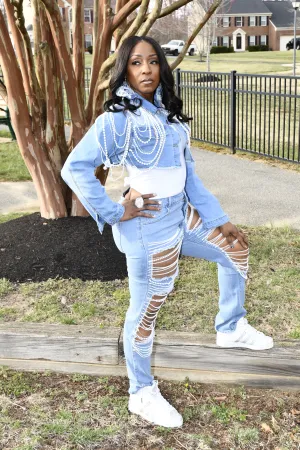 Pearl-Embellished cropped Denim jacket