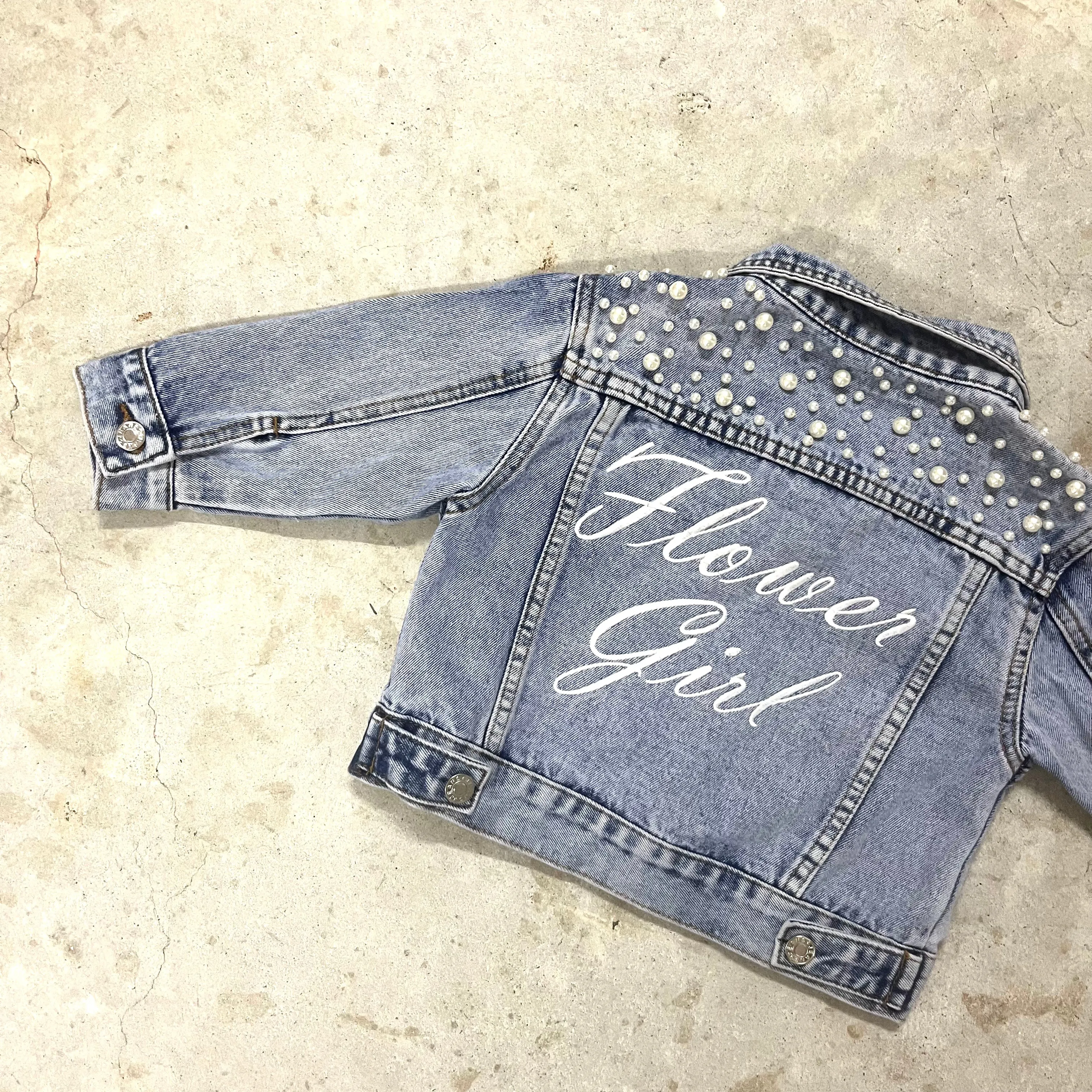 Personalised FLOWER GIRL Embroidered Pearl Denim Jacket